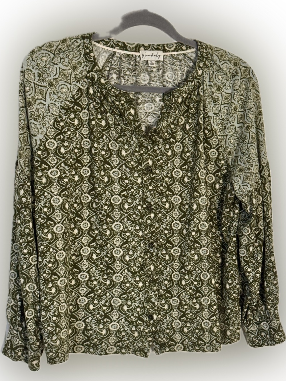 Wonderly Cotton Blend Button Front Blouse | Olive Green Print | Size XL | EUC
